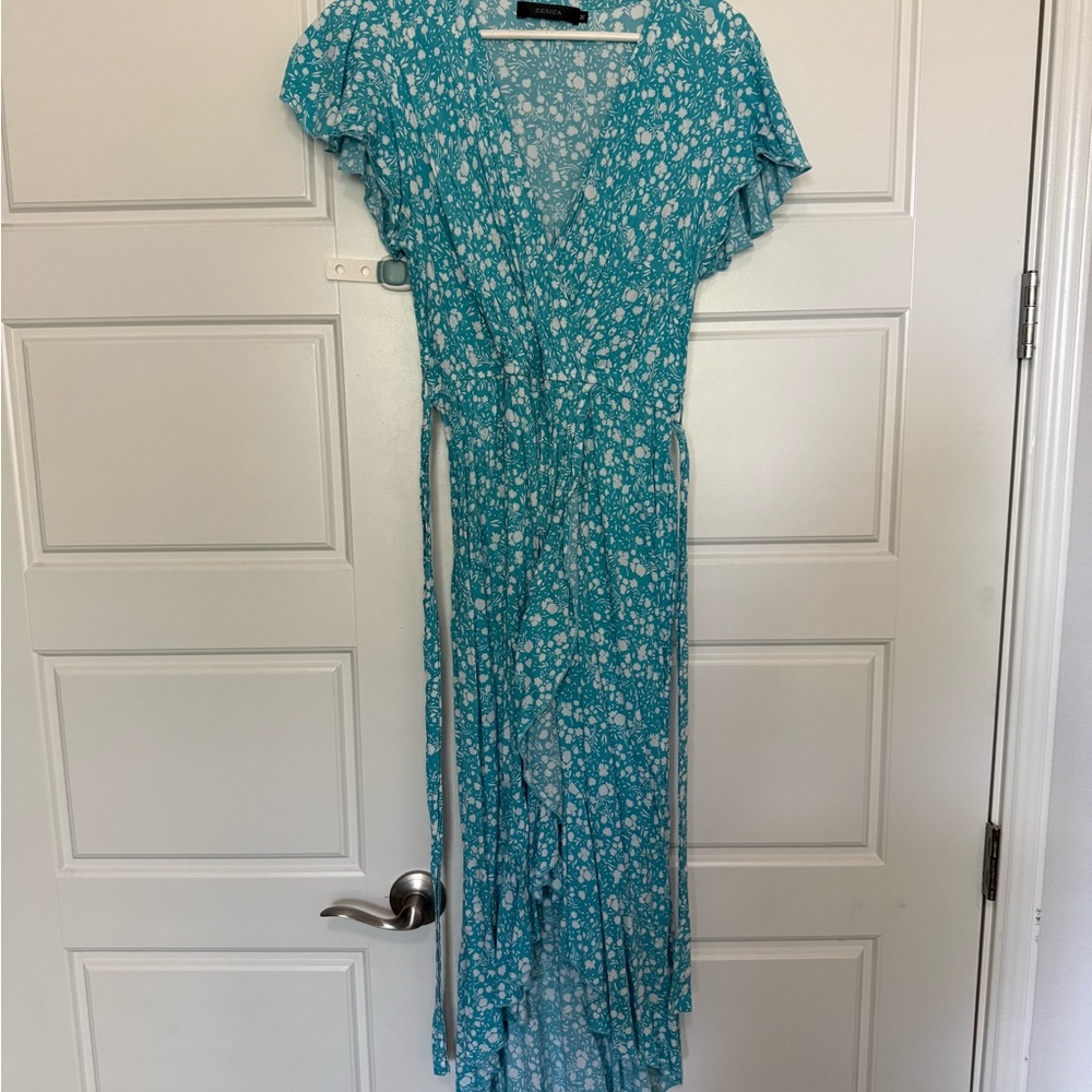 Teal Floral High-Low Wrap Dress with Flutter Sleeves